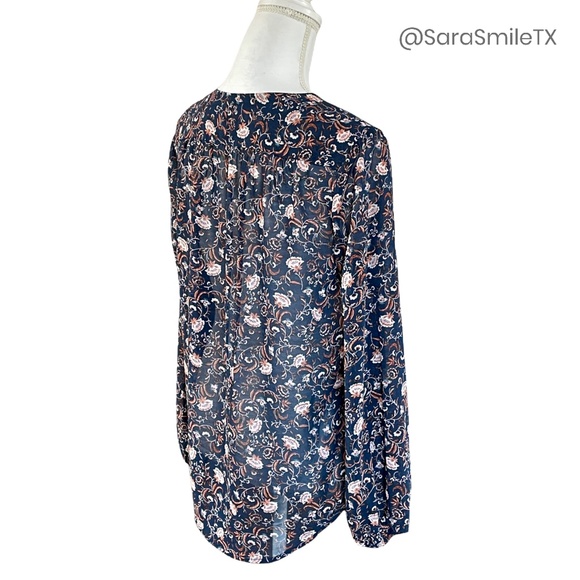 WAYF Navy Floral Print Tassel Tie Long Sleeve Peasant Top - Picture 7 of 11